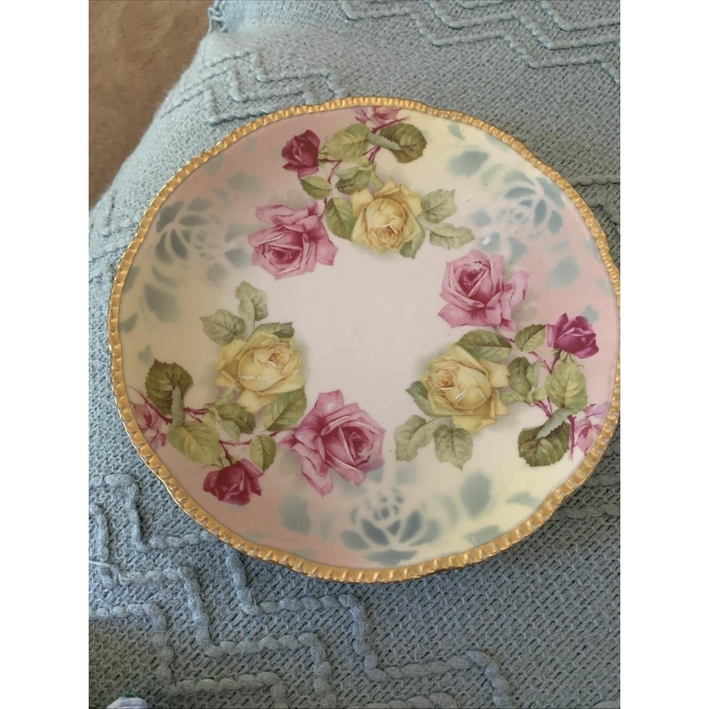 Prussia Royal Rudolstadt  "B"  Pink Yellow Rose Floral Gold Trim Antique Plate